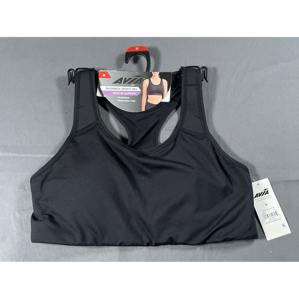 Avia Womens Racerback Sports Bra Medium Support Black Removable Pads size Medium